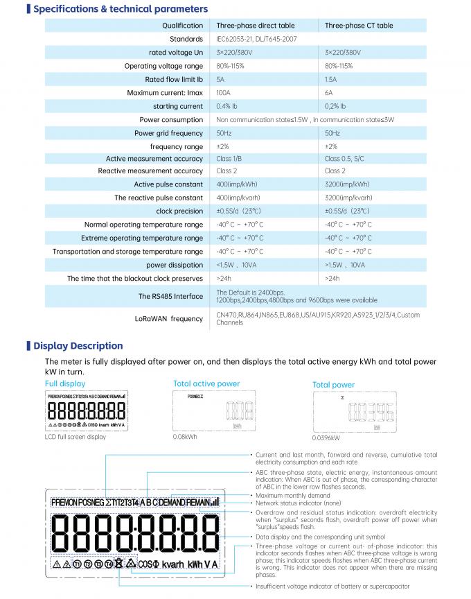 Three Phase Digital Electric Meter Remote Control IoT NBioT LoraWan